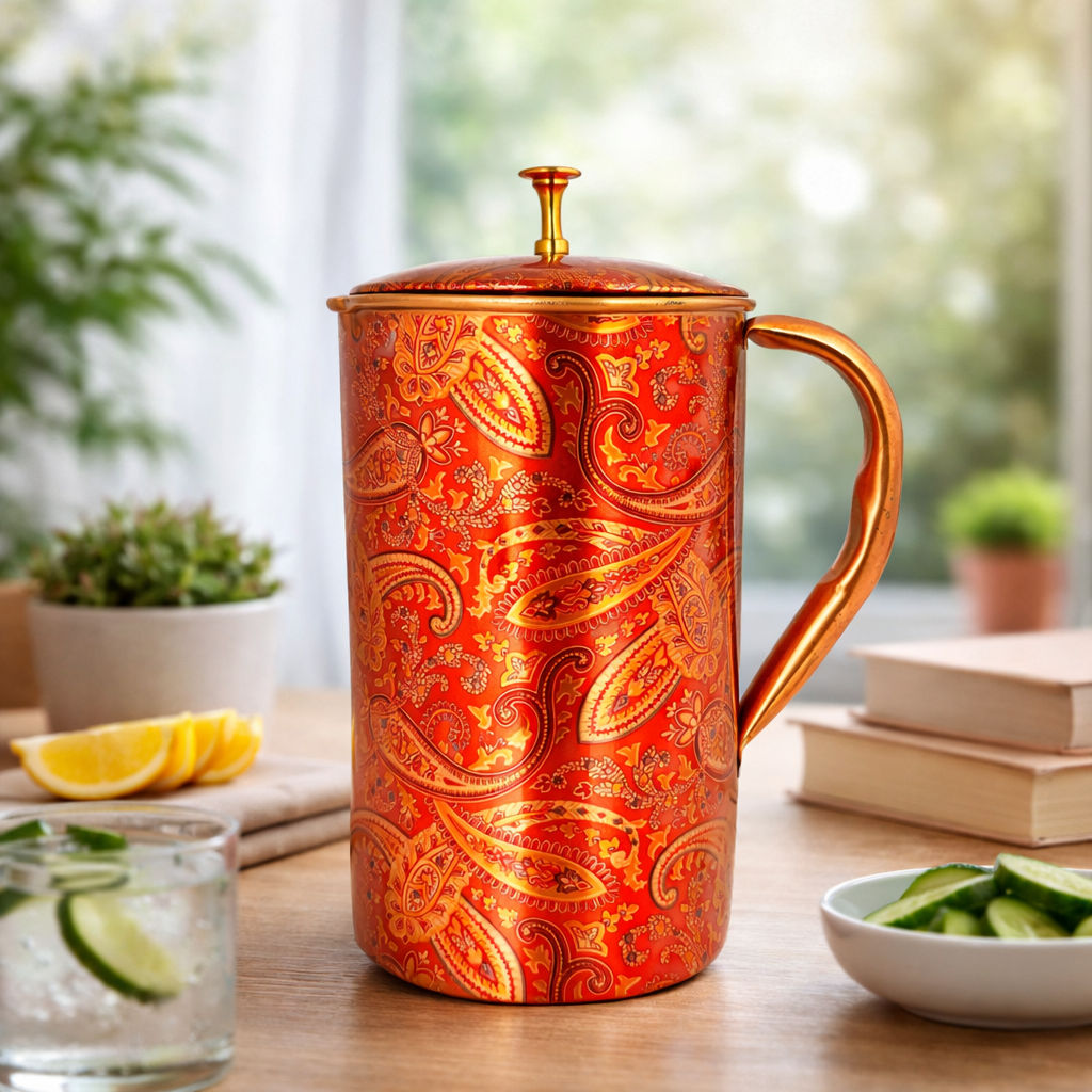 Pure copper paisley printed design jug with brass knob on lid paisley, 1500 ML
